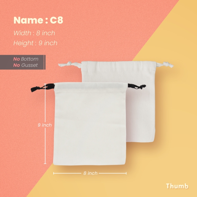 ถุงผ้าหูรูด C8 ขนาด 8"x9" มีเชือกให้เลือก 2 สี